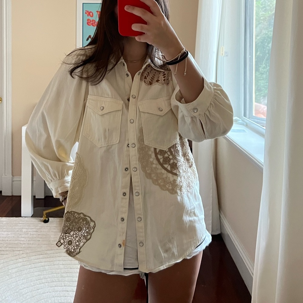 Anthropologie Pilcro Denim Button Down Top with Crochet details
